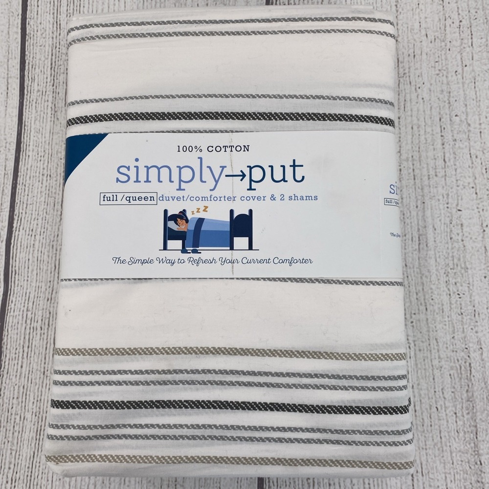 Simply Put Duvet Set FULL/QUEEN White Gray Ticking Stripe 100% Cotton Crisp